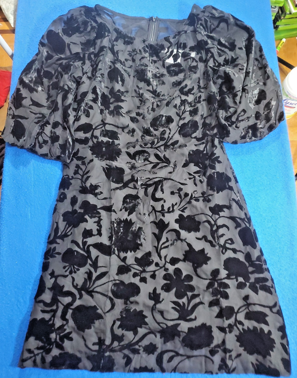 Gretchen Scott Champs Bubble Dress L NWT Black Velvet Floral Burnout Puff Sleeve